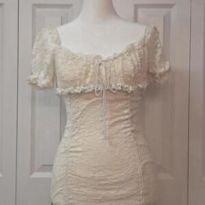 Fairycore Coquette White Cream Lace Ruched Puff Sleeve Babydoll Bodycon Dress XS